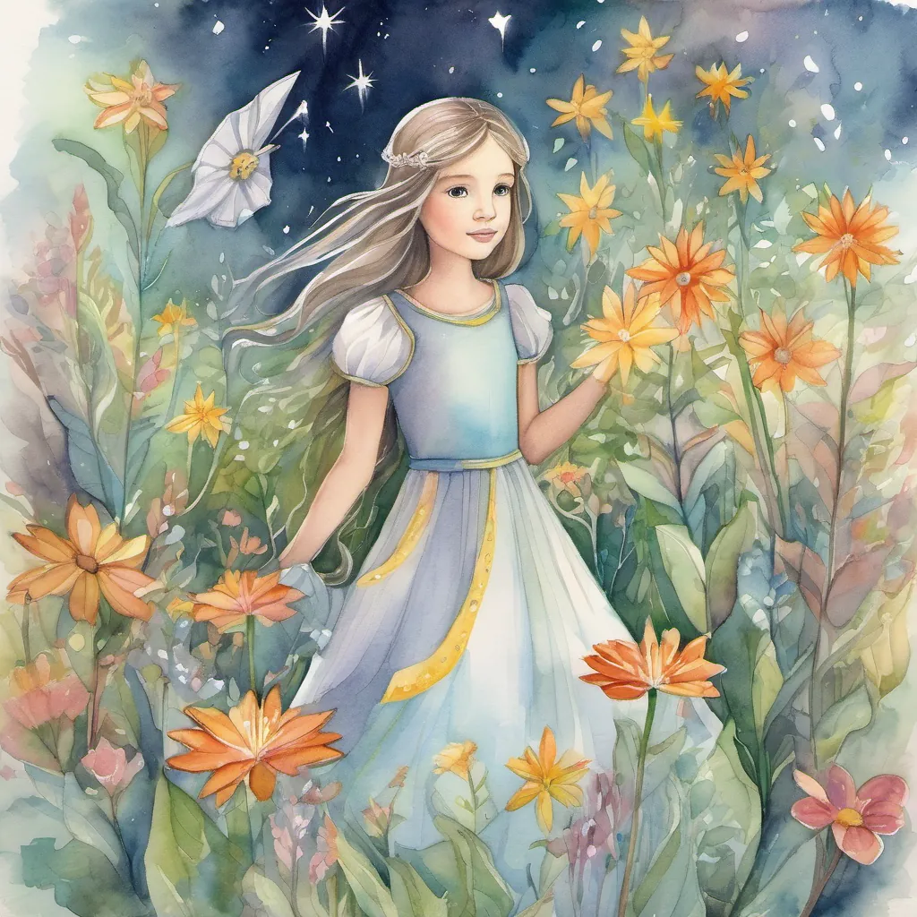 The enchanted kingdom transforms into a bright and lively place as A young girl with a kind heart and curious eyes, wearing a simple dress and holding a glowing starflower lifts the curse.