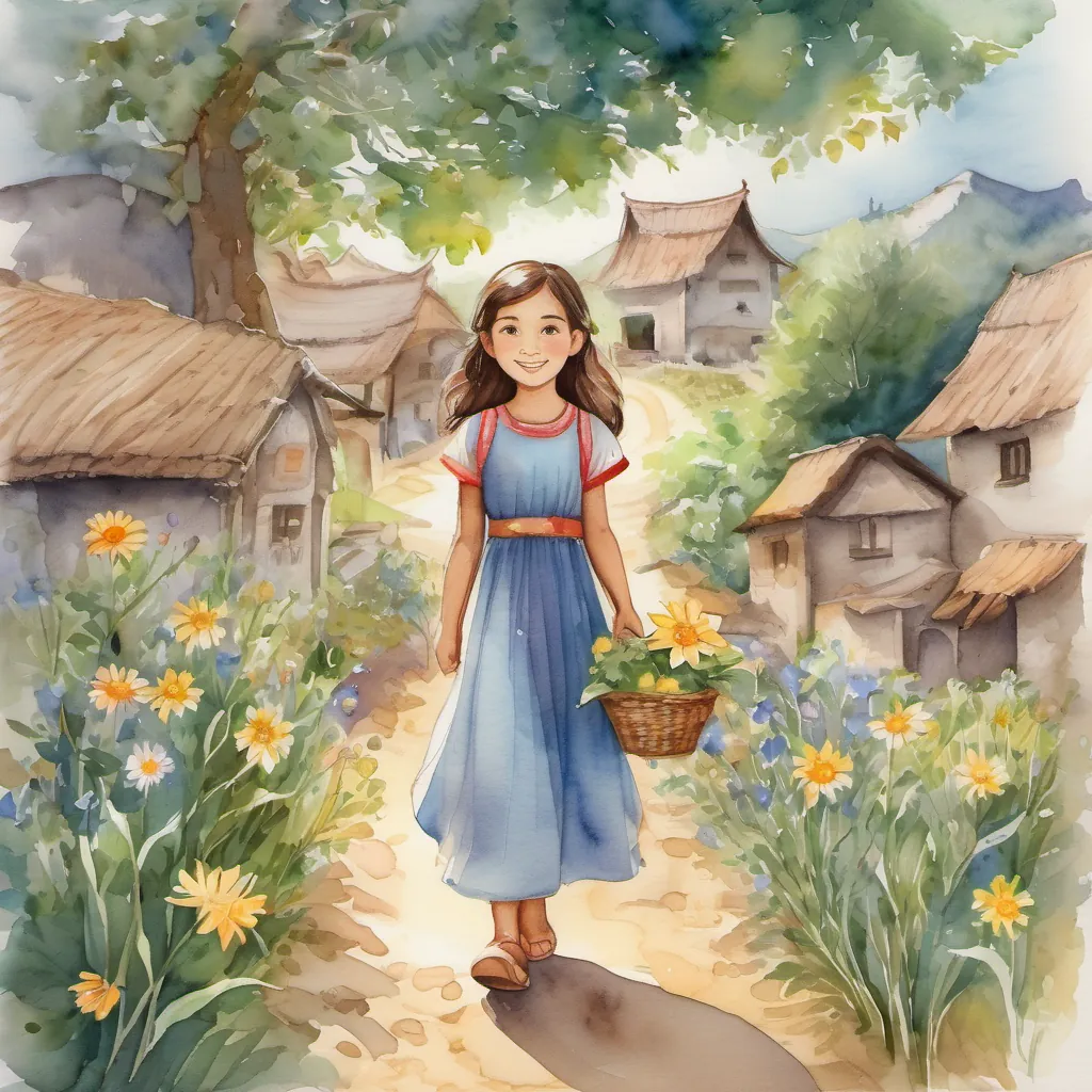 A young girl with a kind heart and curious eyes, wearing a simple dress and holding a glowing starflower celebrated by villagers, with flowers and banners, as the village flourishes under the sun.