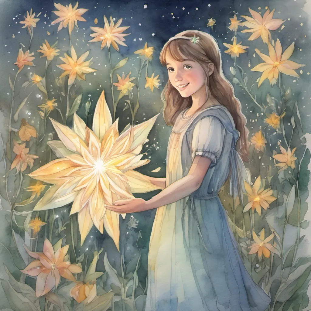 A young girl with a kind heart and curious eyes, wearing a simple dress and holding a glowing starflower surrounded by villagers, all pointing and gesturing excitedly at the shimmering Starflower.