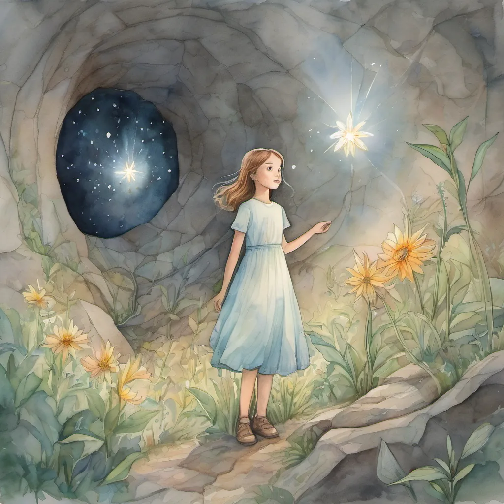 A young girl with a kind heart and curious eyes, wearing a simple dress and holding a glowing starflower stands surprised as the ground beneath her opens up, revealing a dazzling underground world.