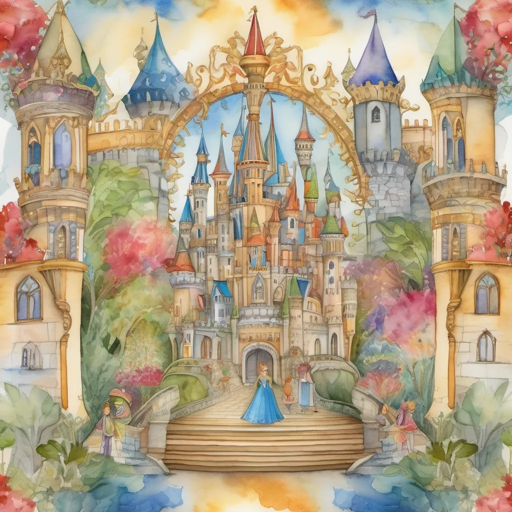 A whimsical kingdom with colorful castles and mysterious characters. The queen, regal and graceful, stands in the center.