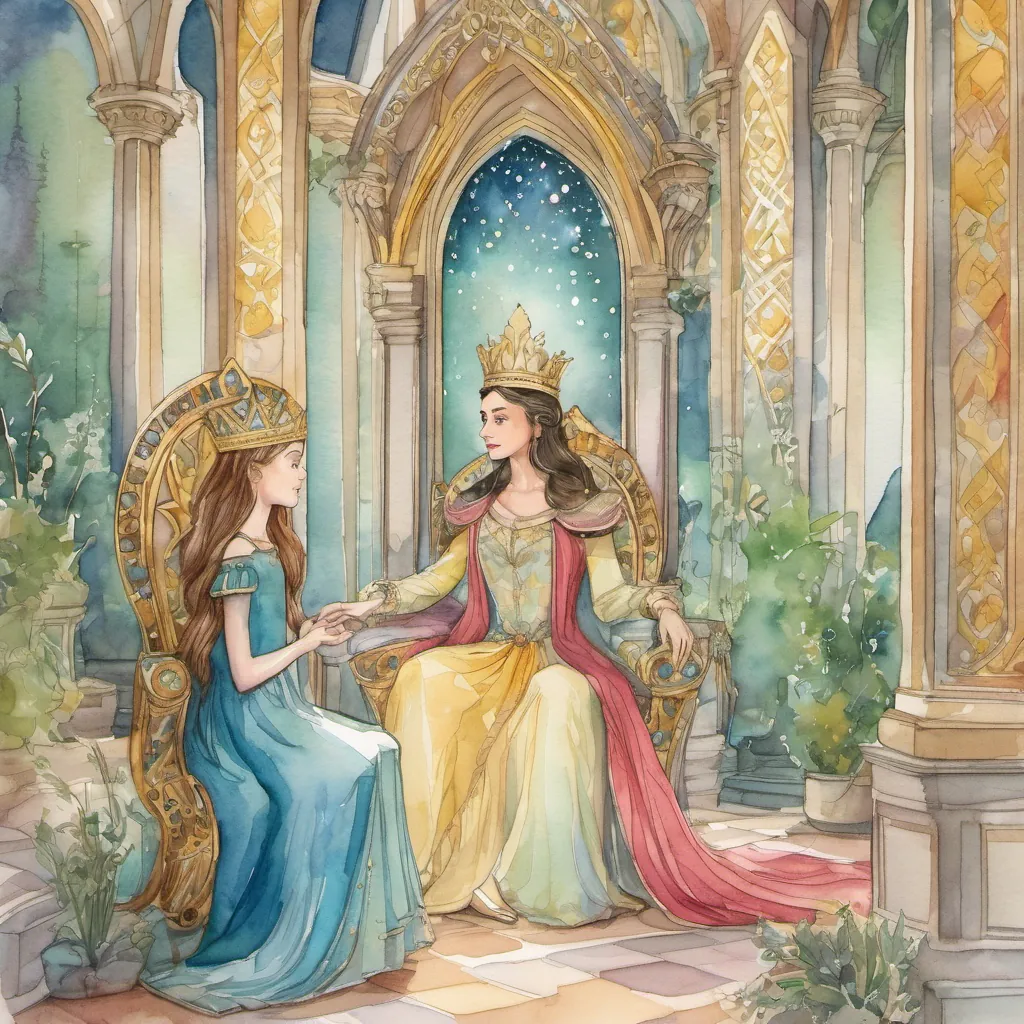 The enchanted queen speaking in a grand, ornate throne room, extending her hand to A young girl with a kind heart and curious eyes, wearing a simple dress and holding a glowing starflower.