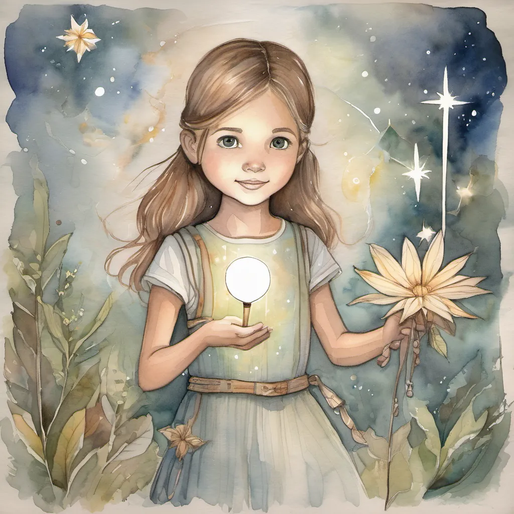 A young girl with a kind heart and curious eyes, wearing a simple dress and holding a glowing starflower setting off on an adventure with the list of artifacts in her hand.