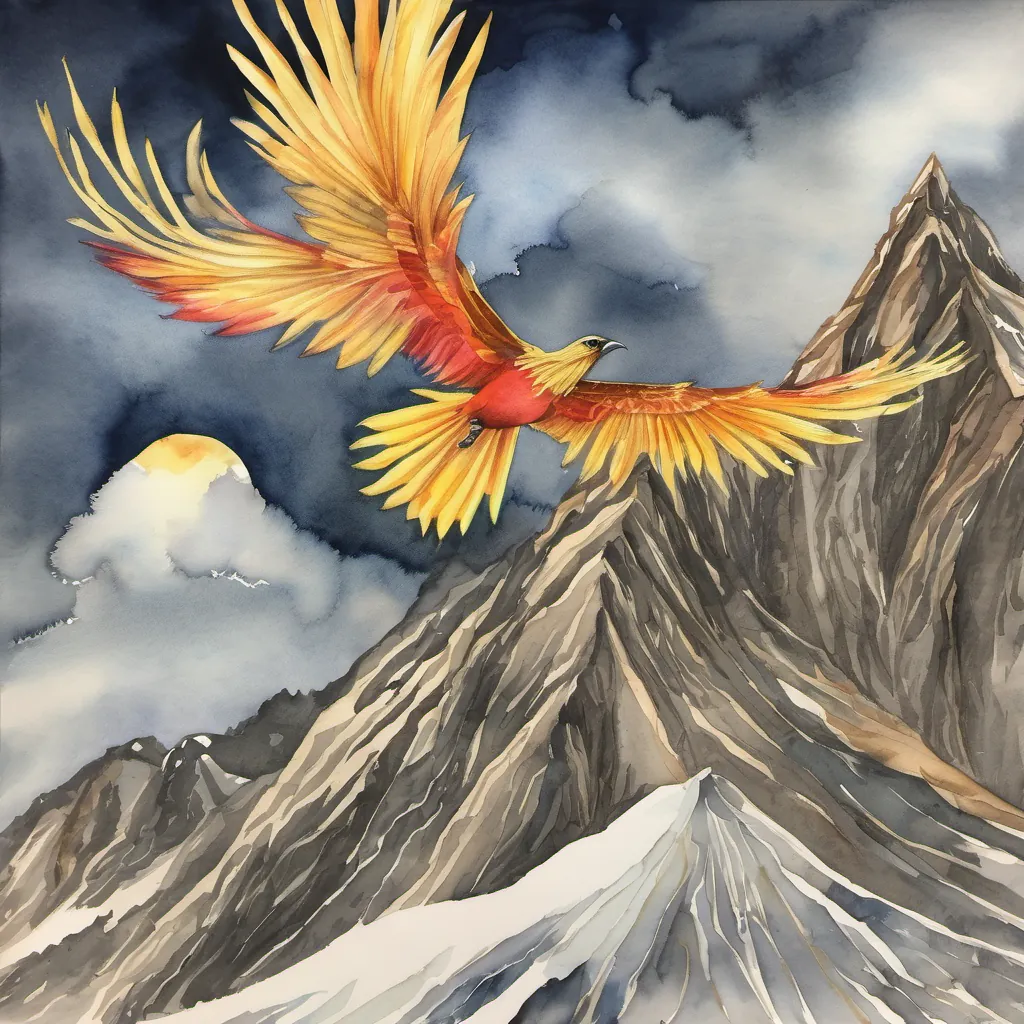 A fiery mountain with a majestic, golden-feathered firebird soaring in the sky.