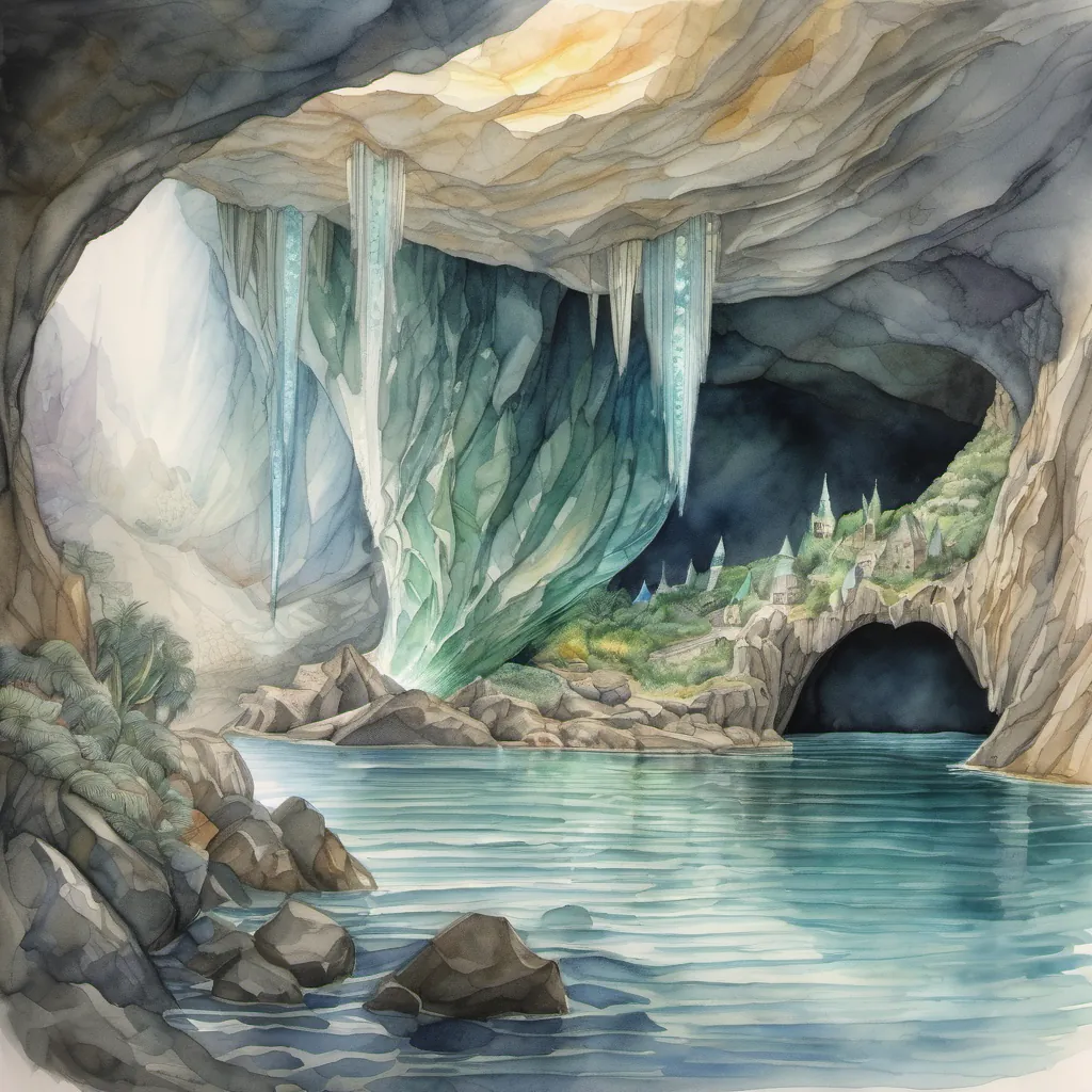 An ocean cave with beautiful, reflective waters where a giant sea serpent protects a shining crystal tear.