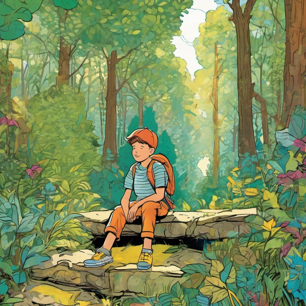 A young boy daydreaming in a sunlit forest in the town of Reims, illustrated in a whimsical and colorful style.