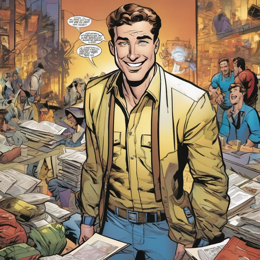 John smiling brightly while solving problems and helping others, using exaggerated imagery and expressions.