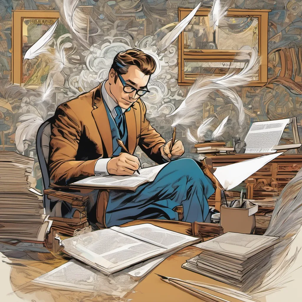 John seated at his desk, writing with a feather quill, surrounded by swirling ideas taking flight.