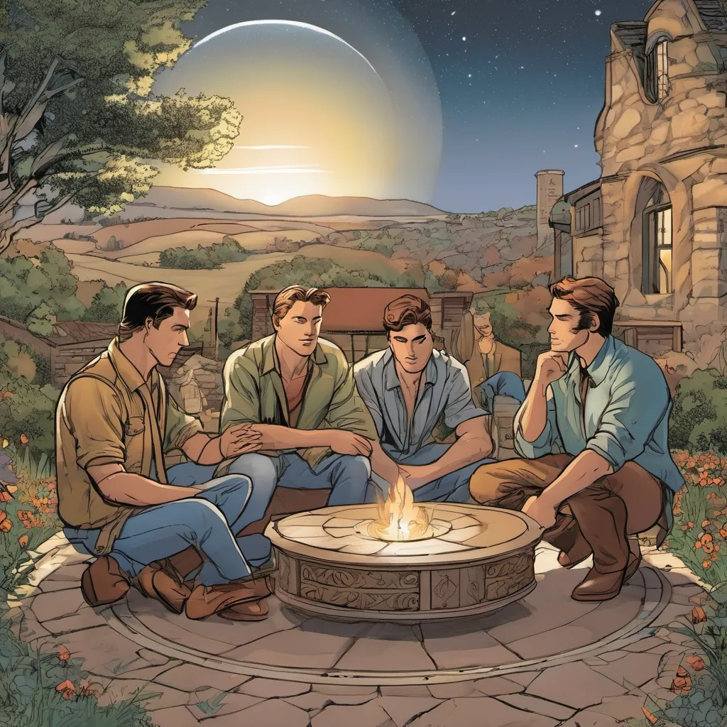 A serene evening scene showing John with his Brothers in a circle, sharing a moment of unity and peace.