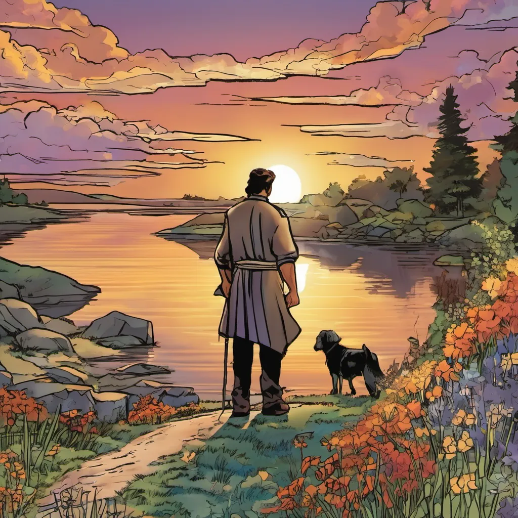 A peaceful sunset scene symbolizing John's passing, with elements from his life journey present in the background.