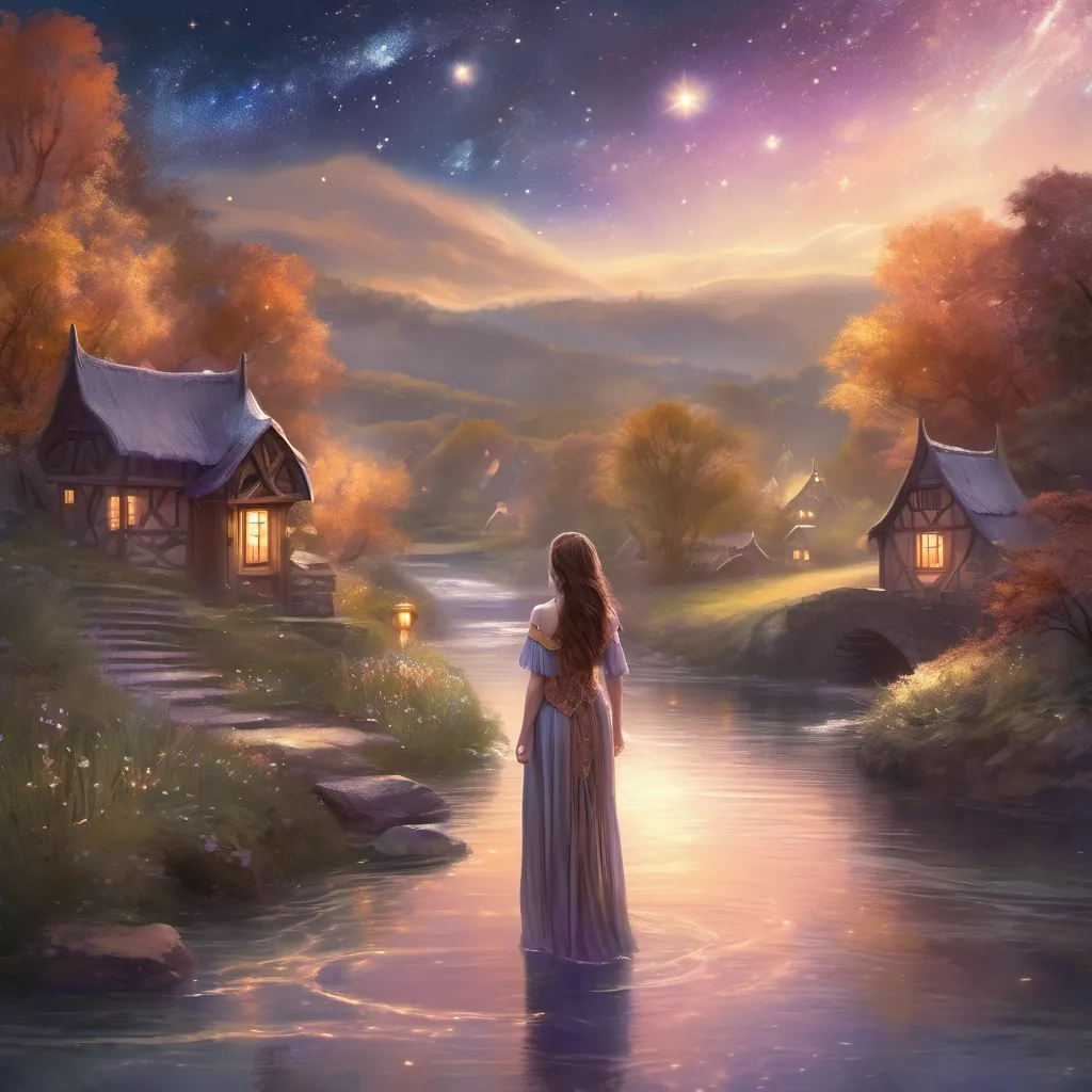 A woman standing by a picturesque river in a serene village, with softly flowing water under a starry sky.