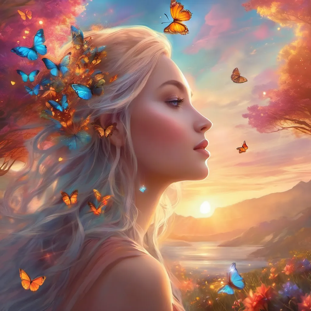 A woman looking at a setting sun, with visual metaphors of dreams as colorful butterflies.