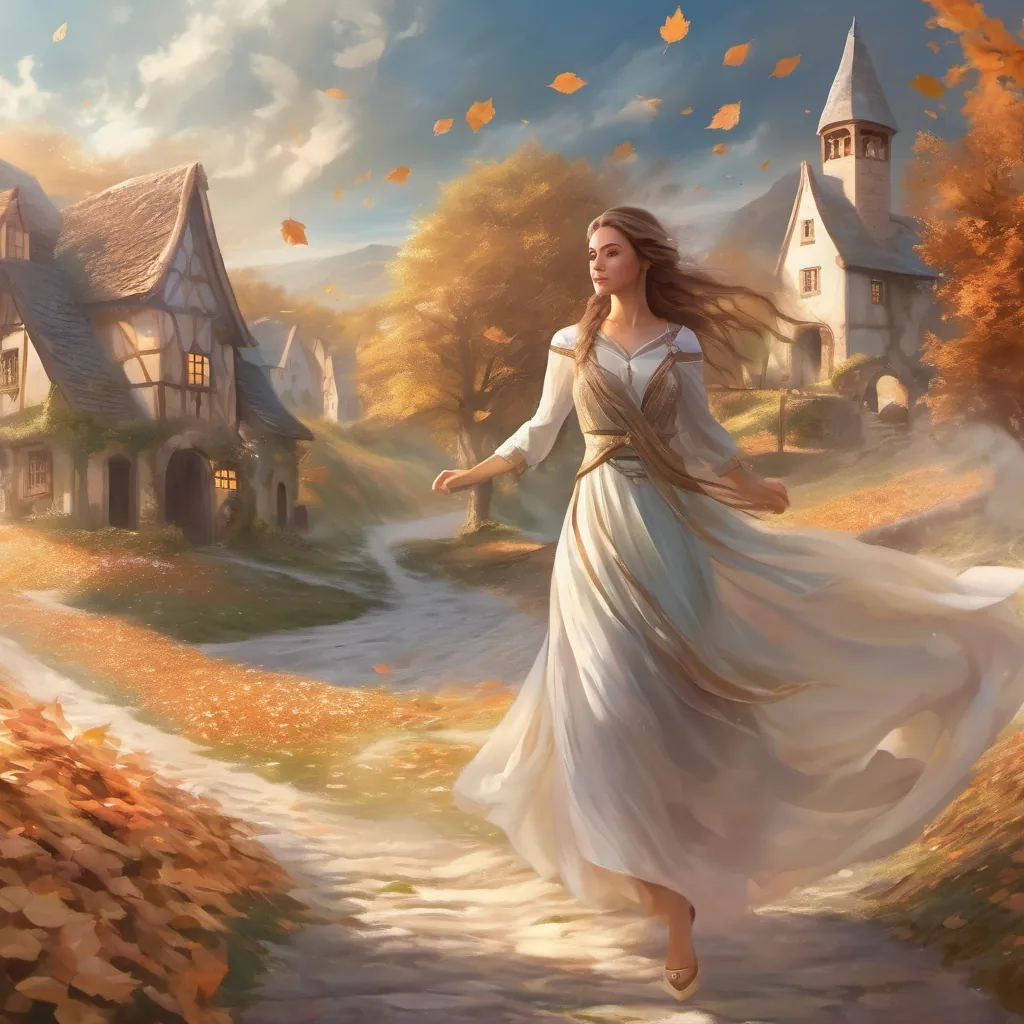 A woman turning towards a quaint village with determination, leaves swirling in a gentle breeze.