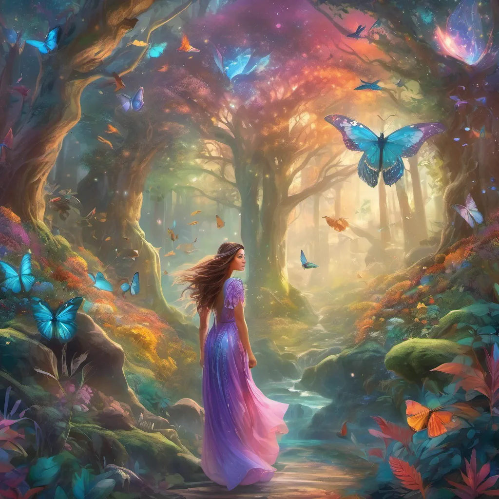 A woman navigating through a magical forest teeming with colorful, animated wildlife.