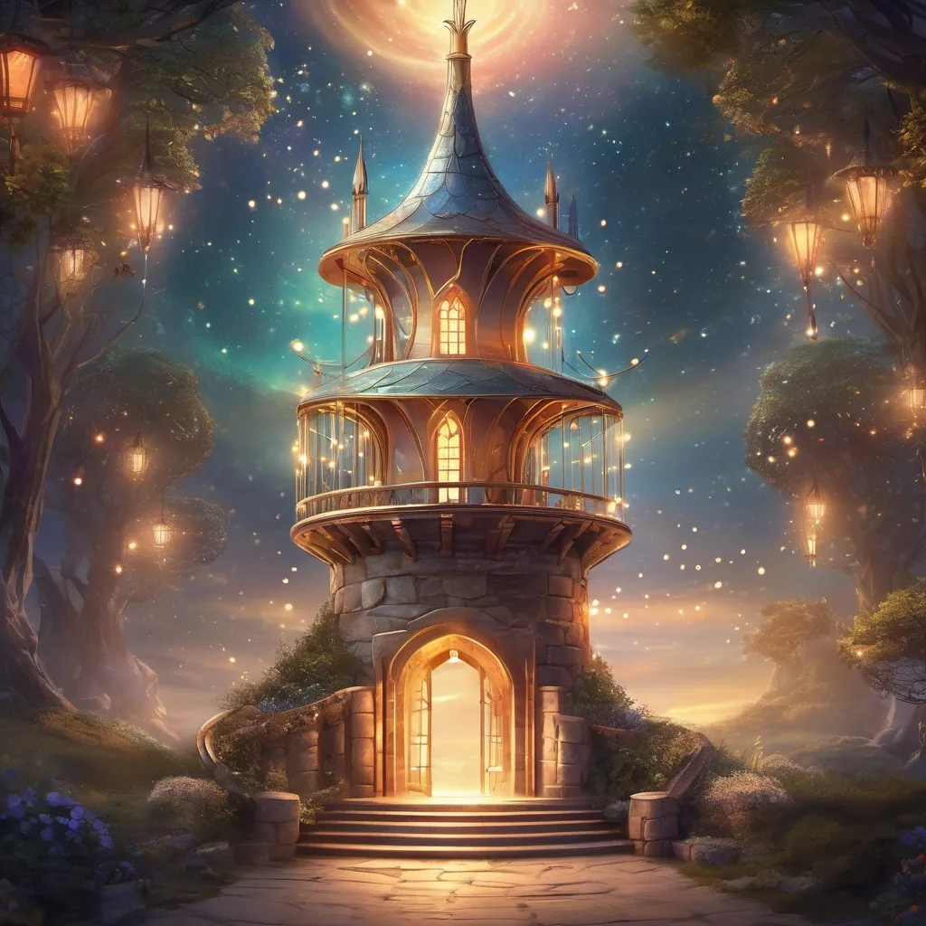 A whimsical, spiraling tower lit by twinkling fairy lights, with a welcoming entrance.