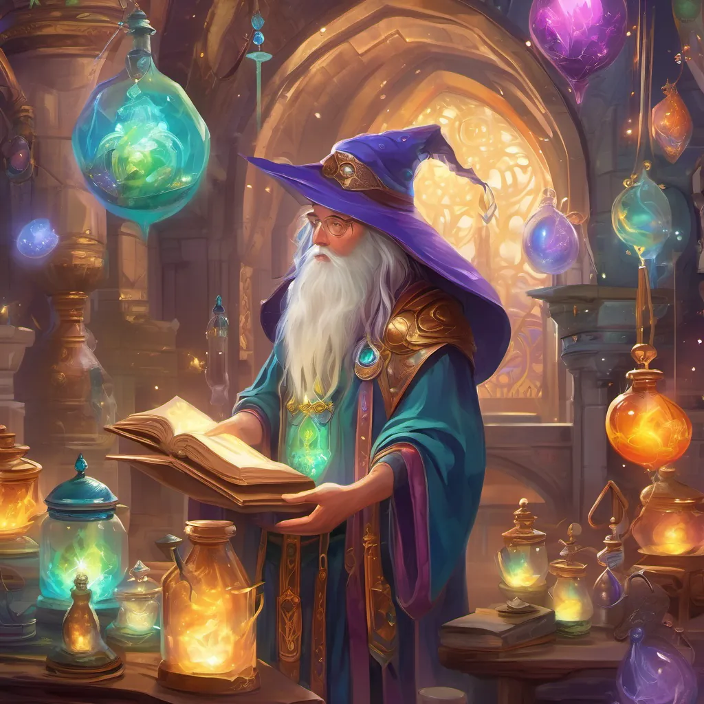 A vibrant wizard with a fascinating workshop filled with mysterious gadgets and potions.