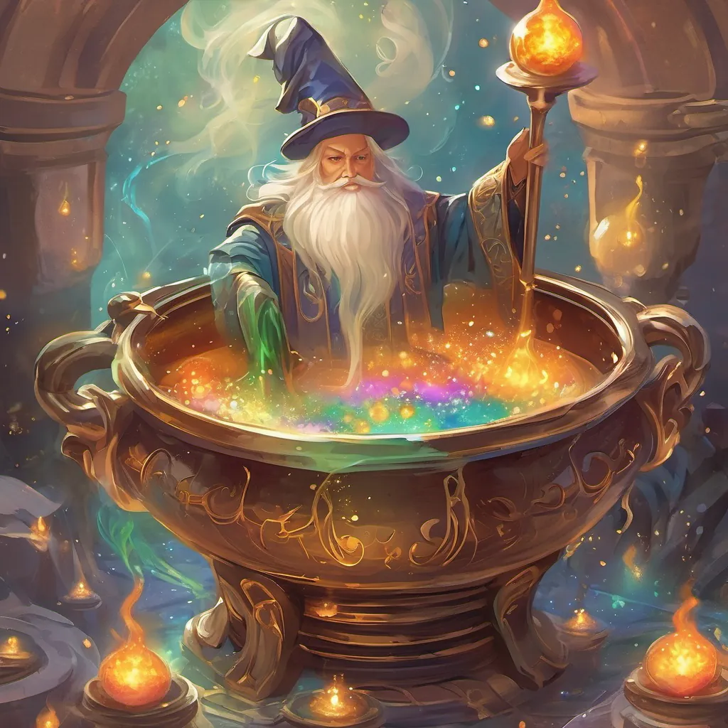 A cauldron bubbling with vivid, sparkling ingredients, a wizard conducting the brew.