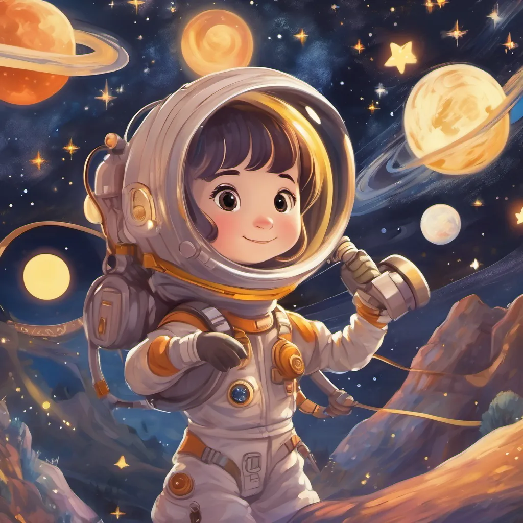 A starry night with a little girl in a space suit holding a shimmering telescope under a glowing sky.