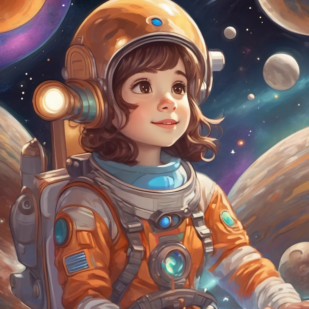 A curious girl with shiny brown hair, wearing a colorful space suit and holding a shimmering magic telescope floating in space waving to Mercury, the smallest planet closest to the sun.