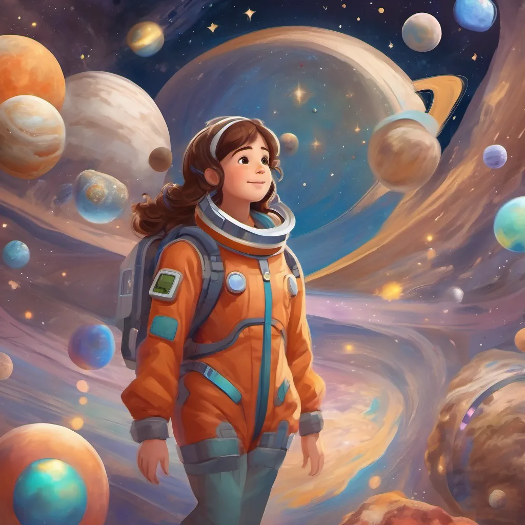 A curious girl with shiny brown hair, wearing a colorful space suit and holding a shimmering magic telescope waving goodbye to the planets as she begins her journey back to Earth.