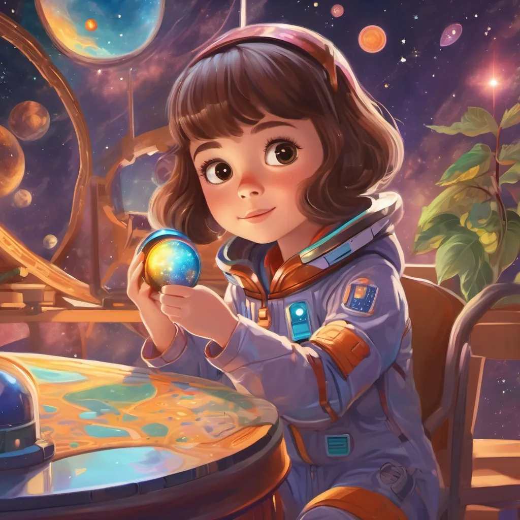 A curious girl with shiny brown hair, wearing a colorful space suit and holding a shimmering magic telescope back at home, looking through her magic telescope, dreaming of her next cosmic adventure.