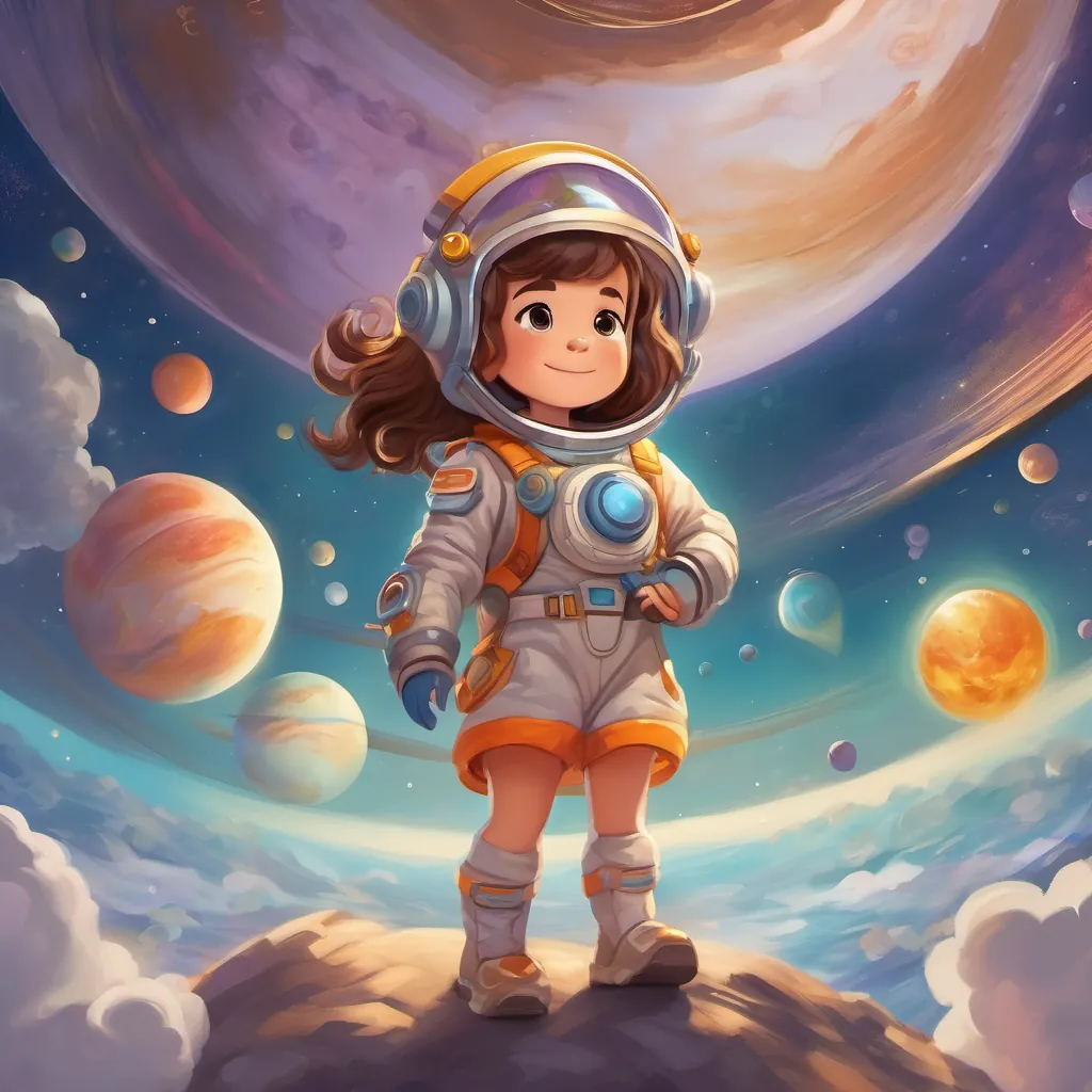 A curious girl with shiny brown hair, wearing a colorful space suit and holding a shimmering magic telescope waving to Venus, a bright planet covered in thick clouds.