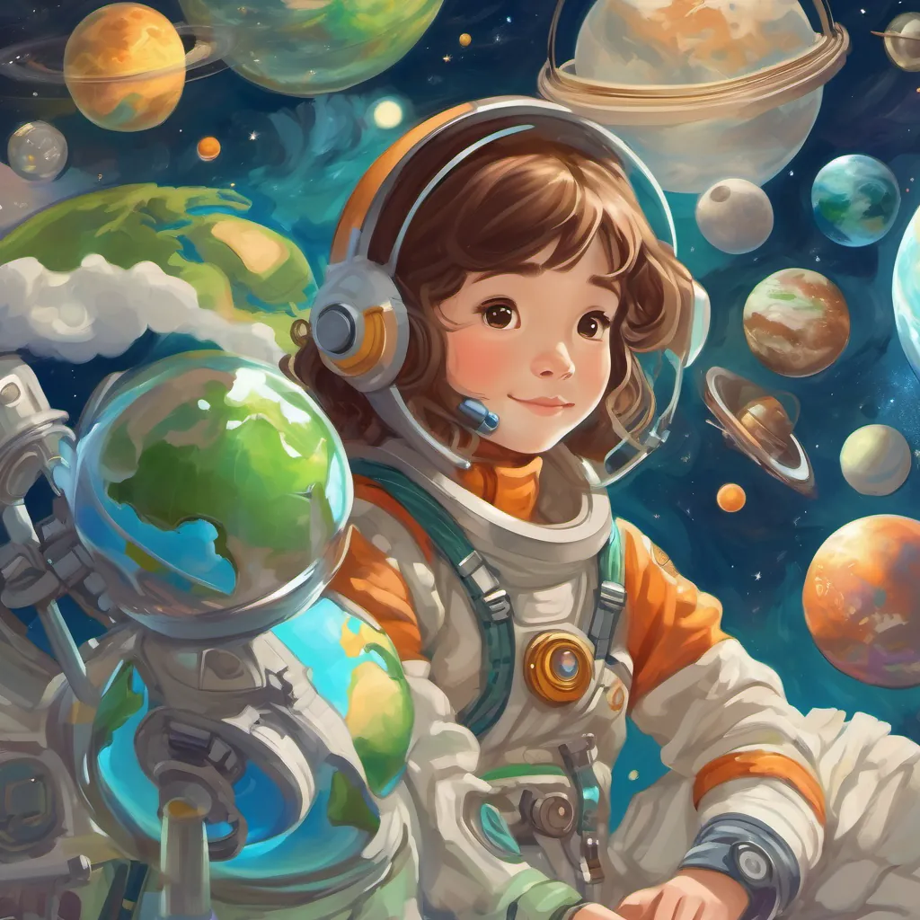 A curious girl with shiny brown hair, wearing a colorful space suit and holding a shimmering magic telescope admiring Earth from space, a blue marble with green continents and swirling white clouds.