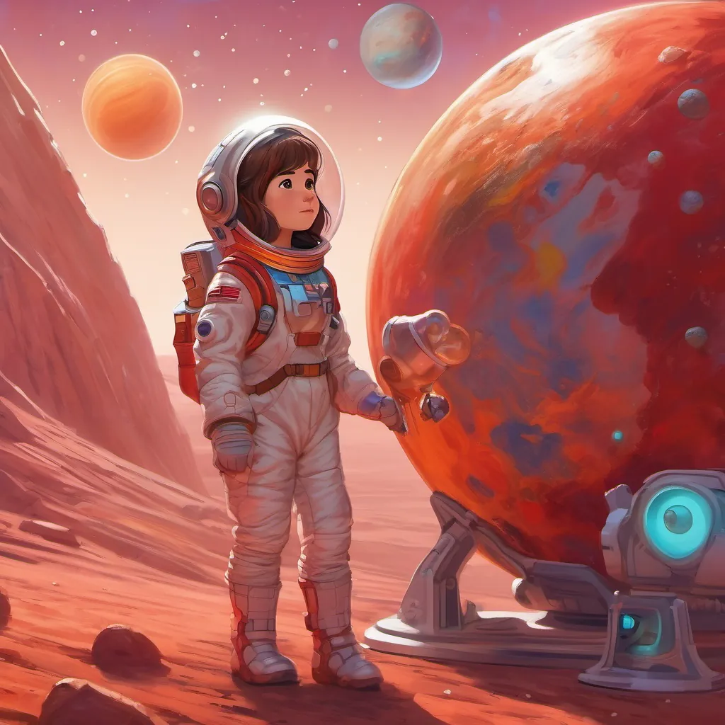 A curious girl with shiny brown hair, wearing a colorful space suit and holding a shimmering magic telescope interacting with Mars, a red planet with visible dust storms.