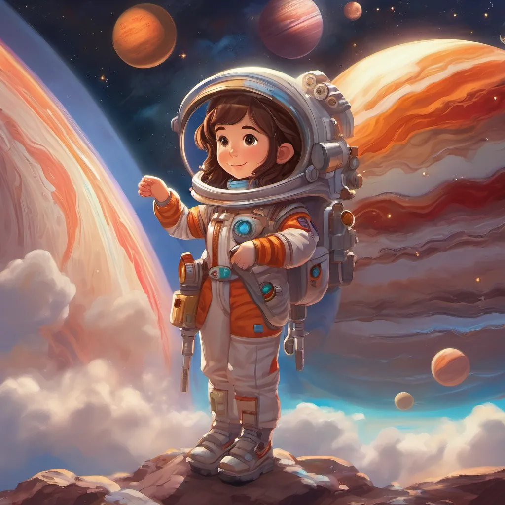 A curious girl with shiny brown hair, wearing a colorful space suit and holding a shimmering magic telescope floating near Jupiter, a giant planet with prominent bands of clouds and the Great Red Spot.