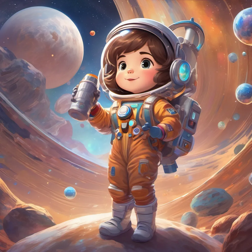 A curious girl with shiny brown hair, wearing a colorful space suit and holding a shimmering magic telescope twirling near Saturn, with its iconic rings made of ice and rock particles.