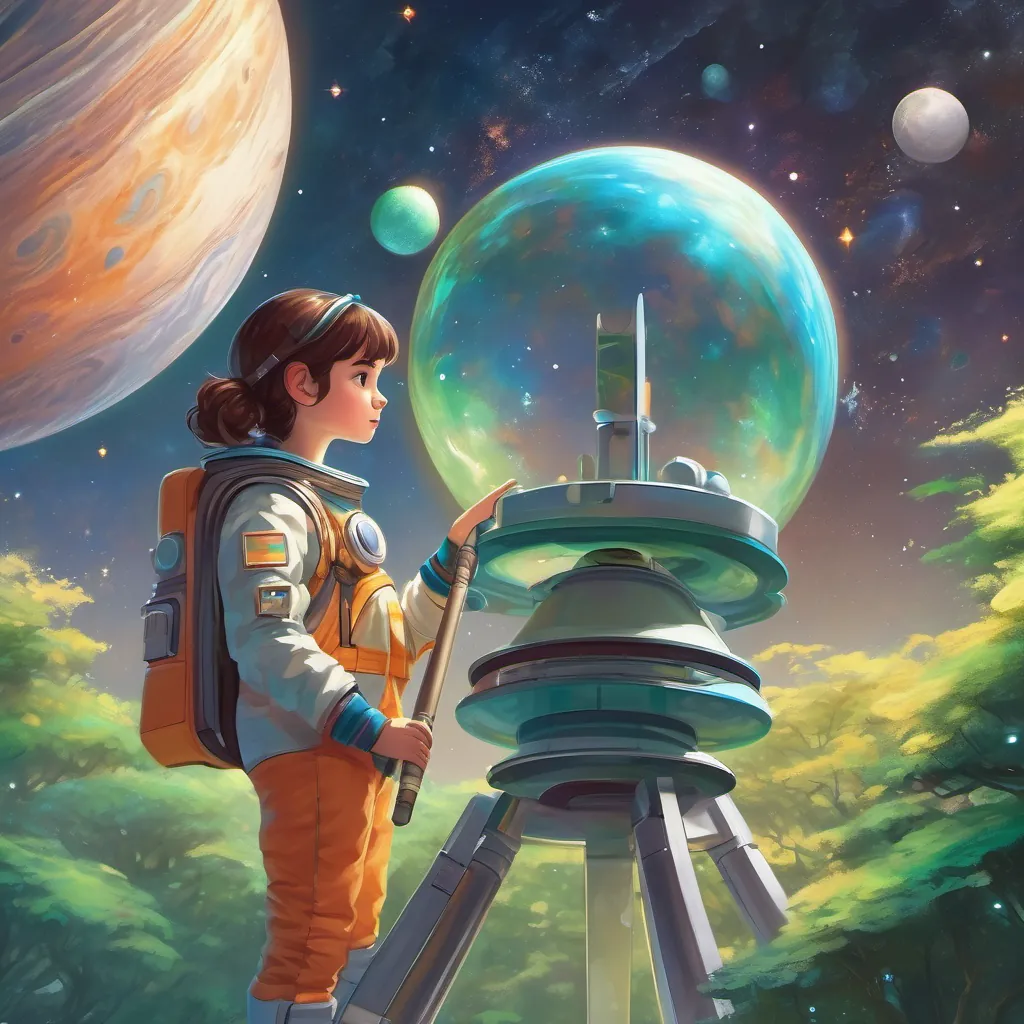 A curious girl with shiny brown hair, wearing a colorful space suit and holding a shimmering magic telescope observing Uranus, a blue-green planet tilted on its side.