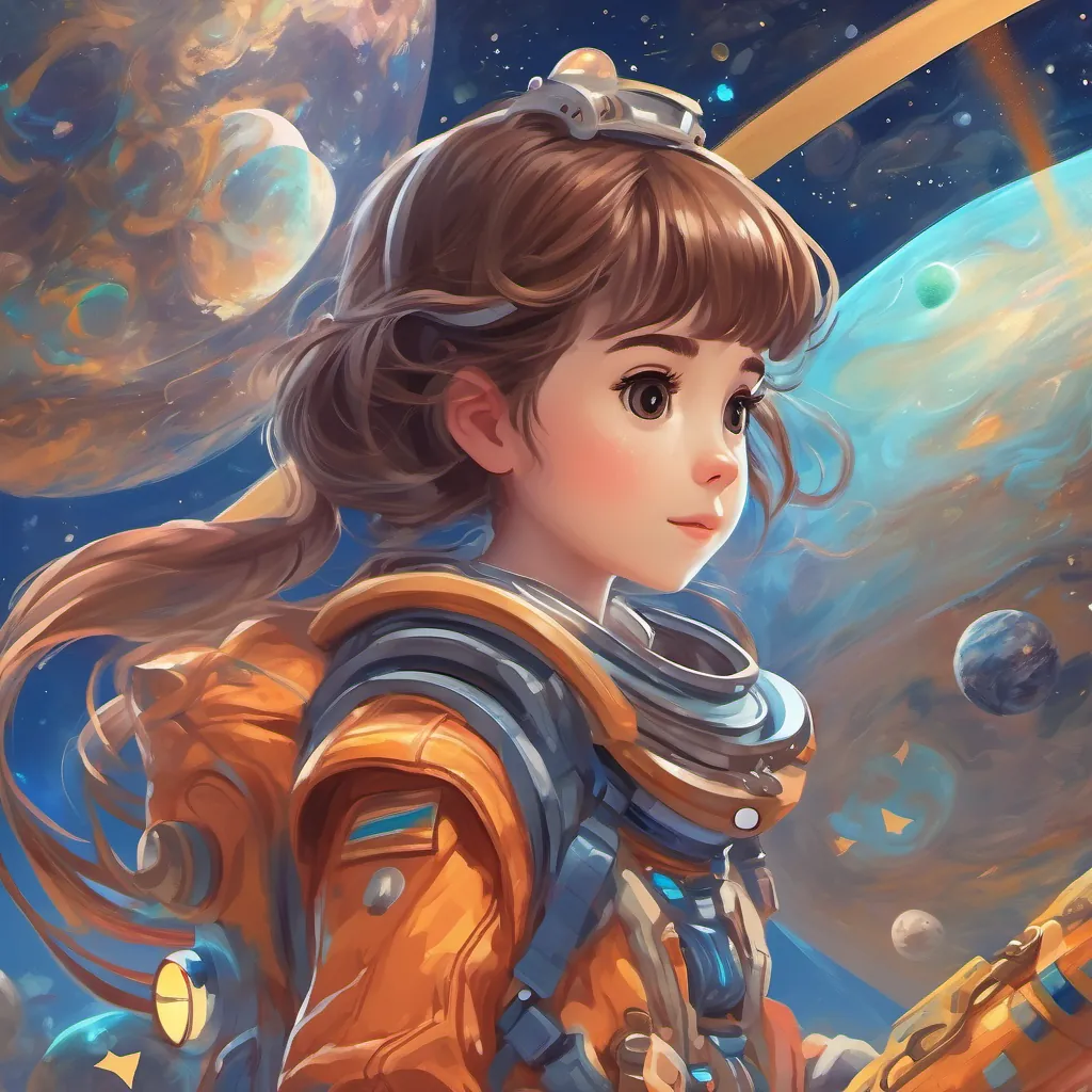 A curious girl with shiny brown hair, wearing a colorful space suit and holding a shimmering magic telescope surrounded by the blue hues of Neptune, a planet with fierce storms and fast winds.