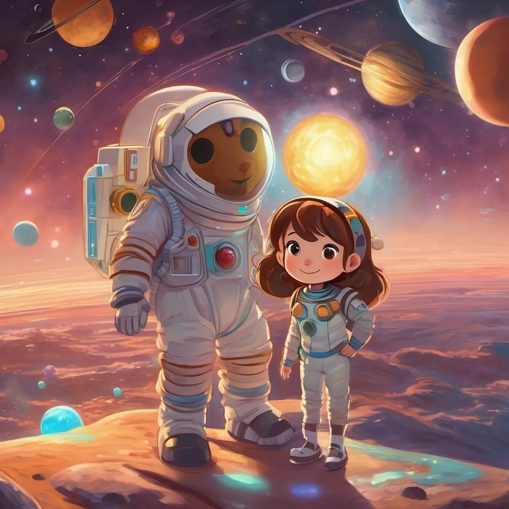 A curious girl with shiny brown hair, wearing a colorful space suit and holding a shimmering magic telescope waving to Pluto, a dwarf planet at the edge of the solar system with a heart-shaped feature.