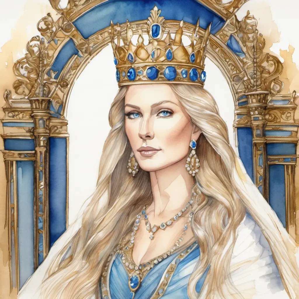 The The queen has long, flowing hair and sparkling blue eyes is wearing a shiny crown and sitting on a golden throne.