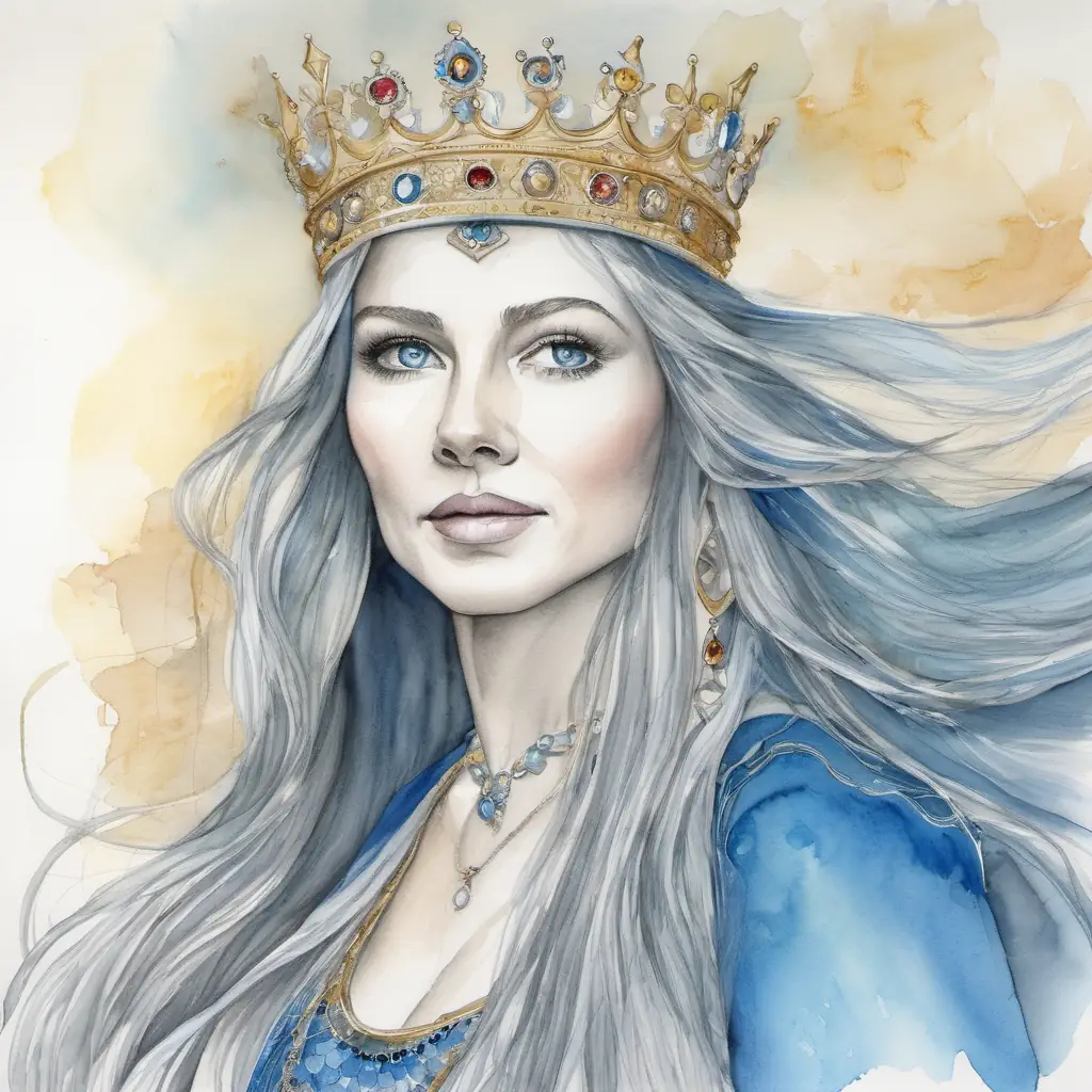 The The queen has long, flowing hair and sparkling blue eyes is talking to people and helping them solve problems.
