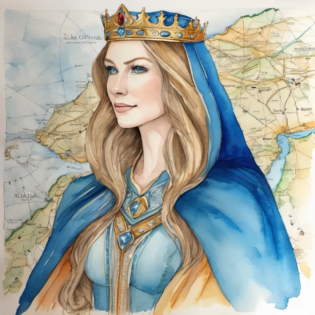The The queen has long, flowing hair and sparkling blue eyes is wearing a cape and holding a map, ready for an adventure.