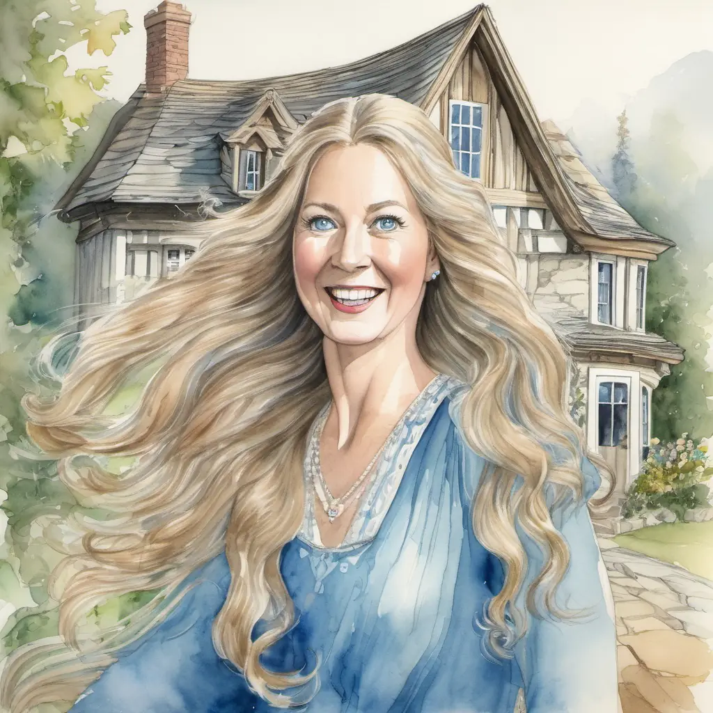 The The queen has long, flowing hair and sparkling blue eyes is looking surprised and excited as she sees the cottage.