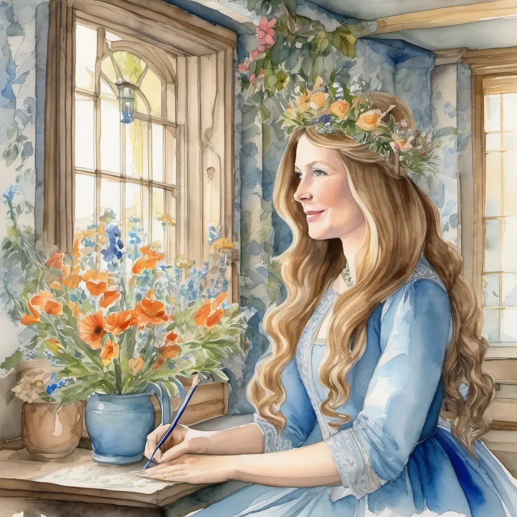 The The queen has long, flowing hair and sparkling blue eyes is painting the walls and arranging flowers in the cottage.