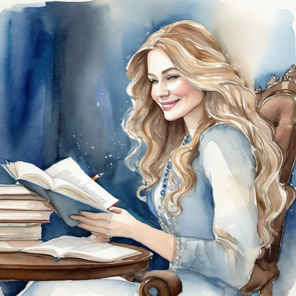 The The queen has long, flowing hair and sparkling blue eyes is sitting on a comfy chair with a book in her hands, smiling.