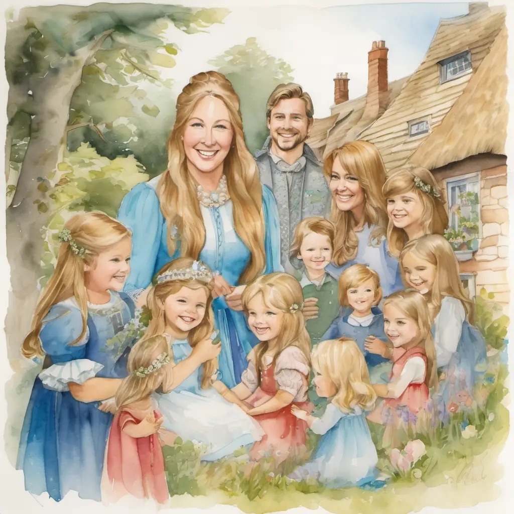 The The queen has long, flowing hair and sparkling blue eyes is surrounded by children and adults, all smiling and enjoying the cottage.