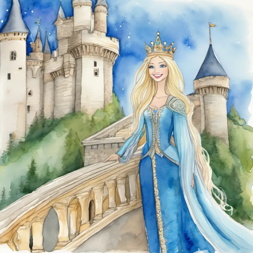 The The queen has long, flowing hair and sparkling blue eyes is waving goodbye from the castle, with a big smile on her face.