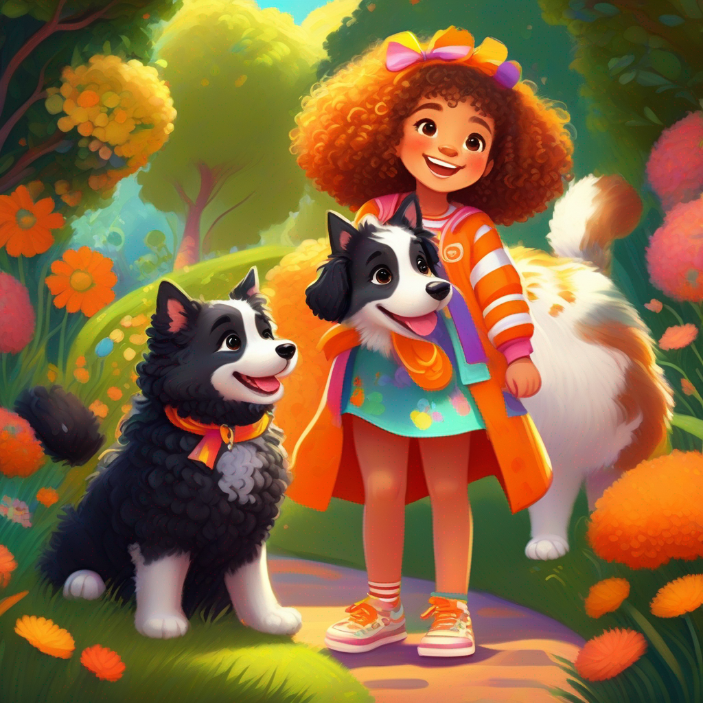 Little girl with colorful clothes, curly hair, and sparkly shoes., Big dog with fluffy black and white fur., and Fat cat with orange fur and a friendly smile. playing in a colorful garden.