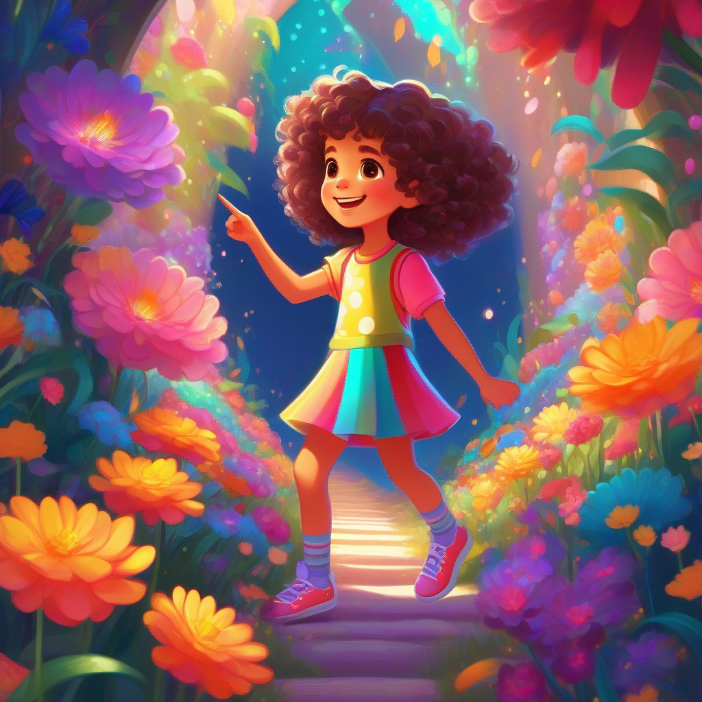 Little girl with colorful clothes, curly hair, and sparkly shoes. pointing towards a shimmering portal near vibrant flowers.