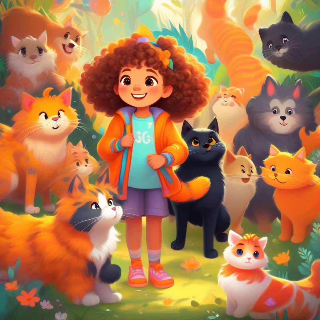 Little girl with colorful clothes, curly hair, and sparkly shoes., Big dog with fluffy black and white fur., and Fat cat with orange fur and a friendly smile. in an exciting world with magical creatures.