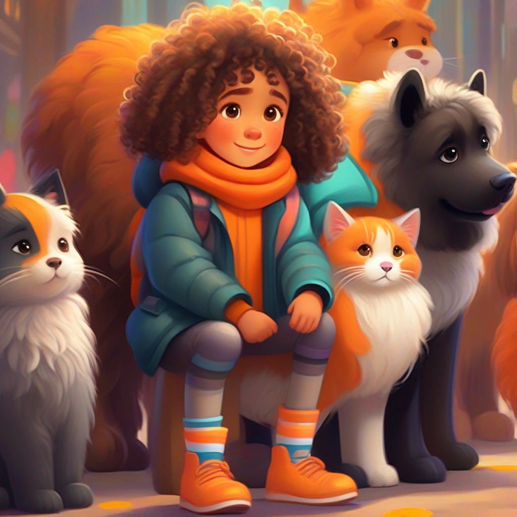 Little girl with colorful clothes, curly hair, and sparkly shoes., Big dog with fluffy black and white fur., and Fat cat with orange fur and a friendly smile. comforting a sad Sad horse with a brown coat and expressive eyes..