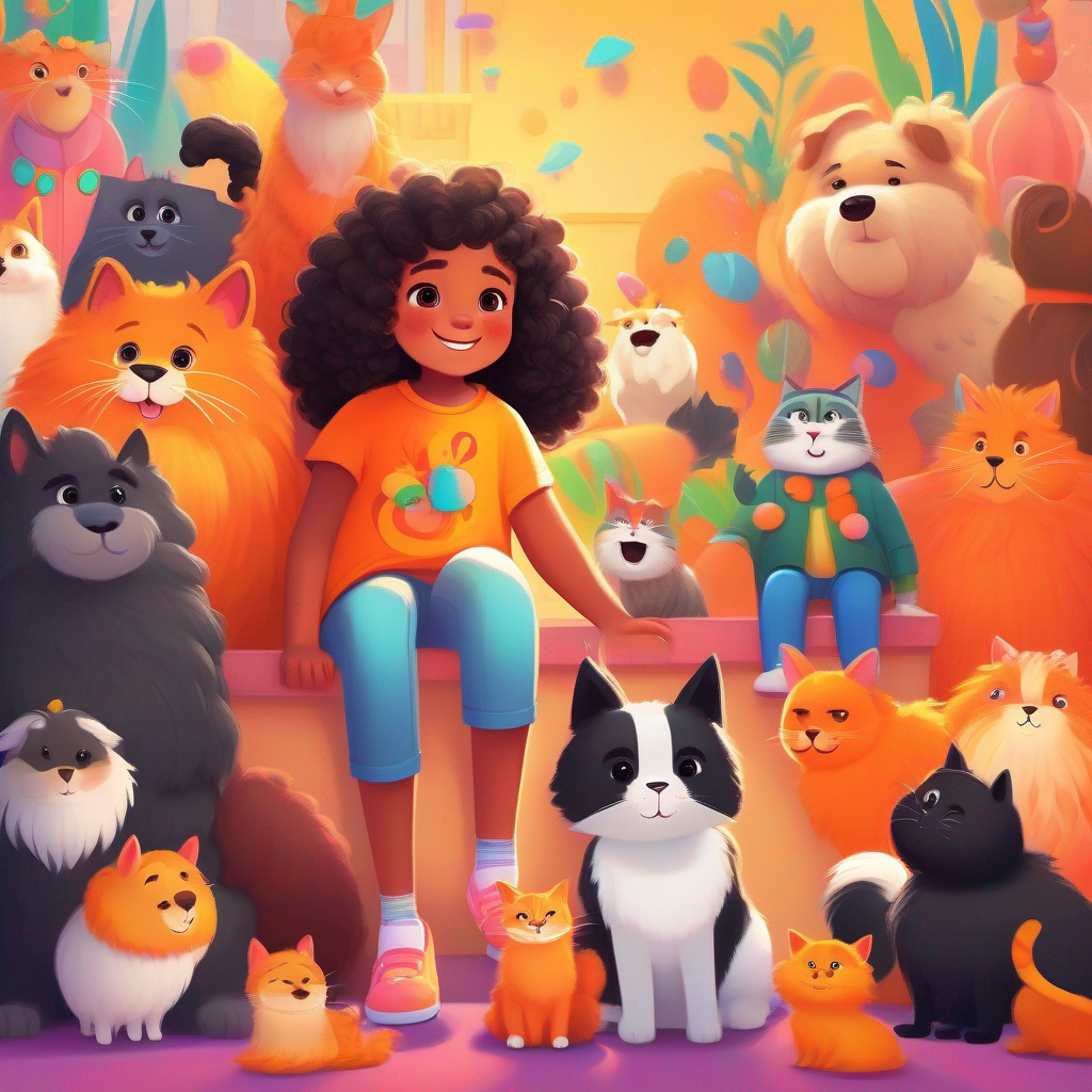 Little girl with colorful clothes, curly hair, and sparkly shoes., Big dog with fluffy black and white fur., and Fat cat with orange fur and a friendly smile. surrounded by colorful talking animals.