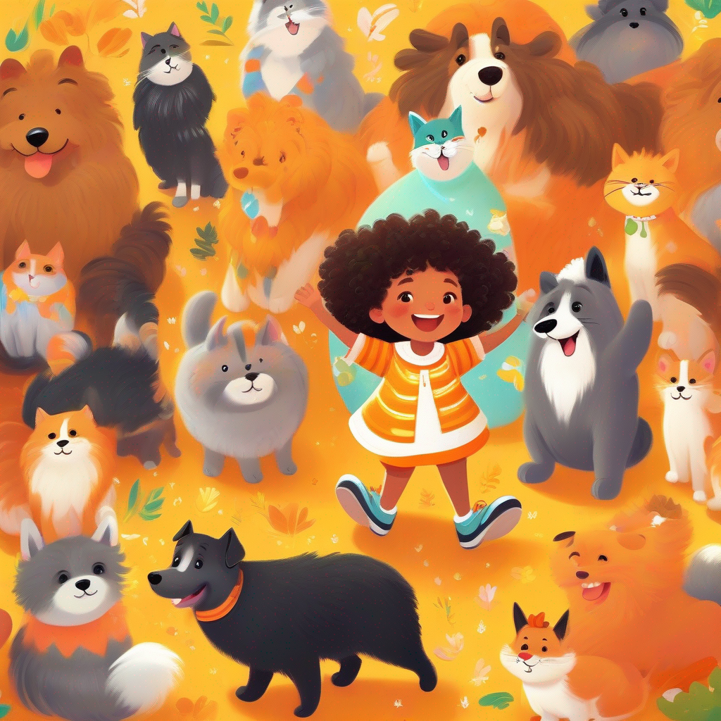 Little girl with colorful clothes, curly hair, and sparkly shoes., Big dog with fluffy black and white fur., Fat cat with orange fur and a friendly smile., and other animals celebrating a joyful reunion.