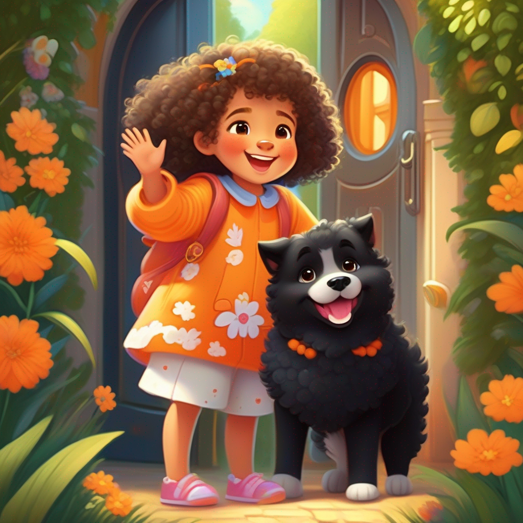 Little girl with colorful clothes, curly hair, and sparkly shoes., Big dog with fluffy black and white fur., and Fat cat with orange fur and a friendly smile. waving goodbye near the portal to their beautiful garden.