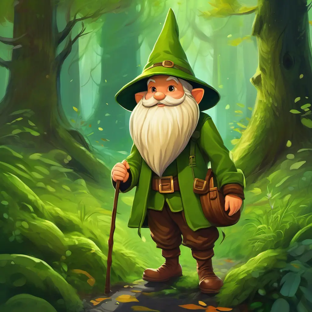 Green pointed hat, leafy brown clothes; blends with the forest the gnome, wearing a green pointed hat and leafy brown clothes, standing amidst the moss-covered trees and lush grass of the magical forest.