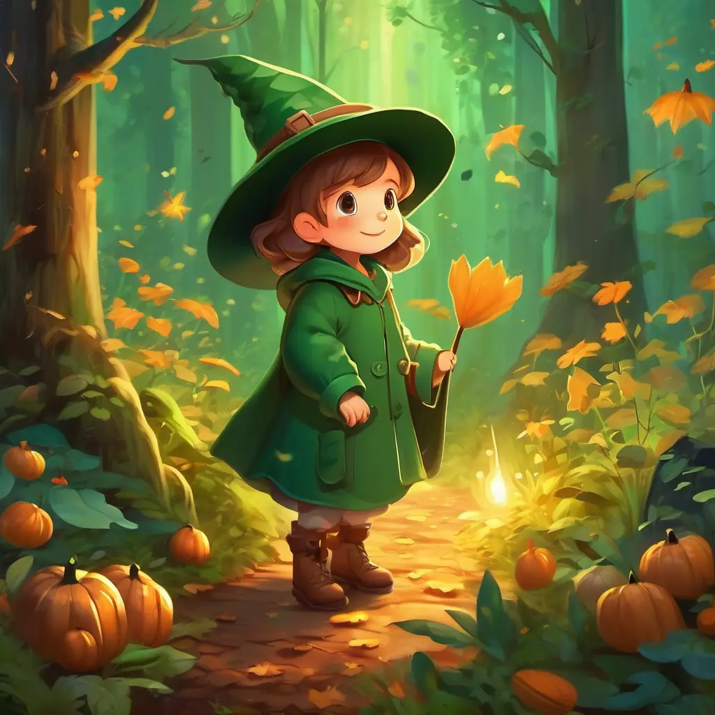 Green pointed hat, leafy brown clothes; blends with the forest waking up early, sprinkling magical water on flowers, and talking to birds, squirrels, and rabbits in the magical forest.